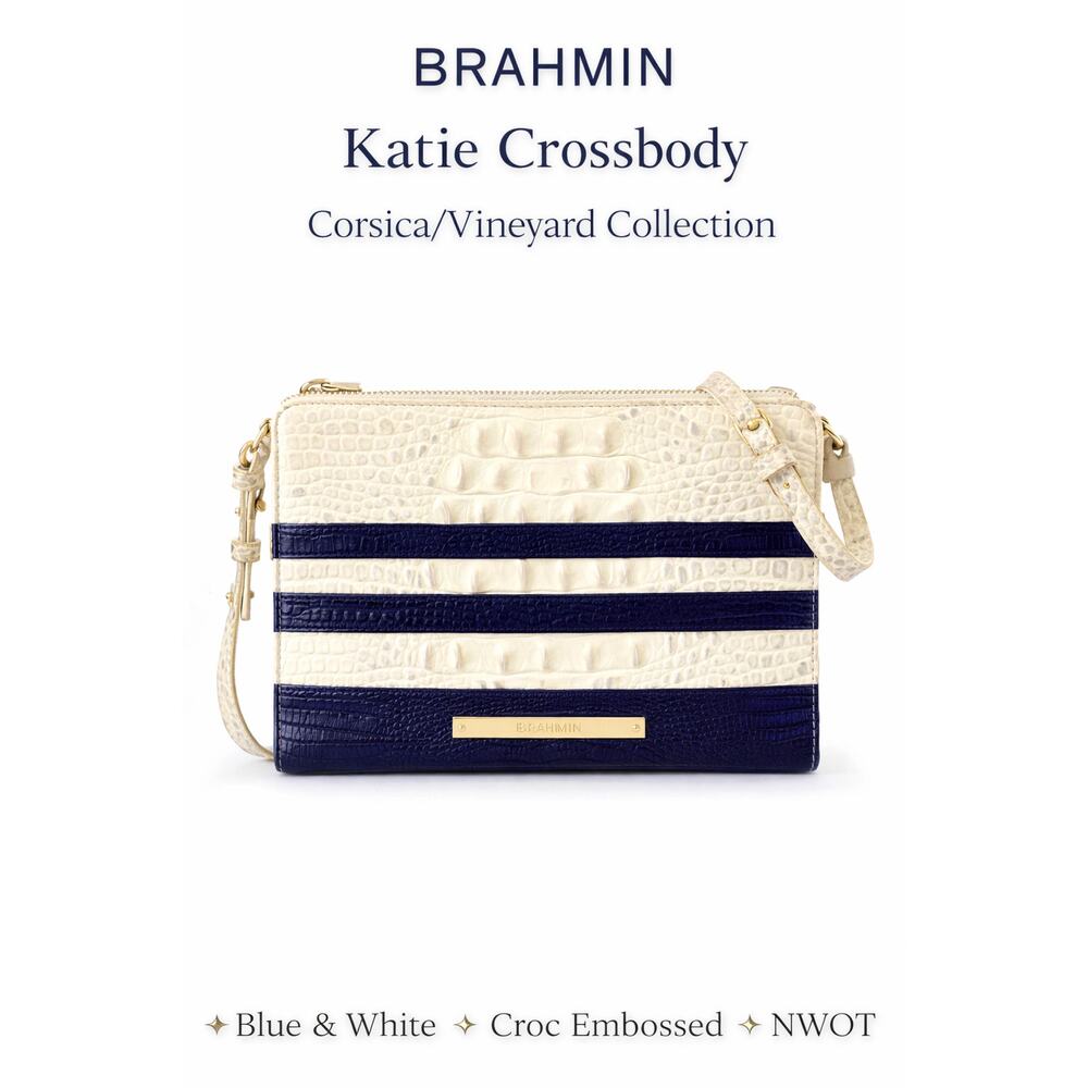 Brahmin Katie Crossbody Corsica Vineyard Blue White Stripe Croc Embossed